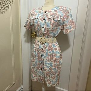 Vintage 90s Gitano Floral Rose Button-down Front Pocket Dress